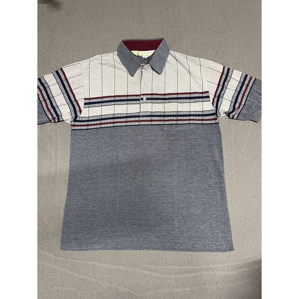 Palmland Club Men L Short Sleeve Polo Shirt Vintage Multi-Color Striped Gray